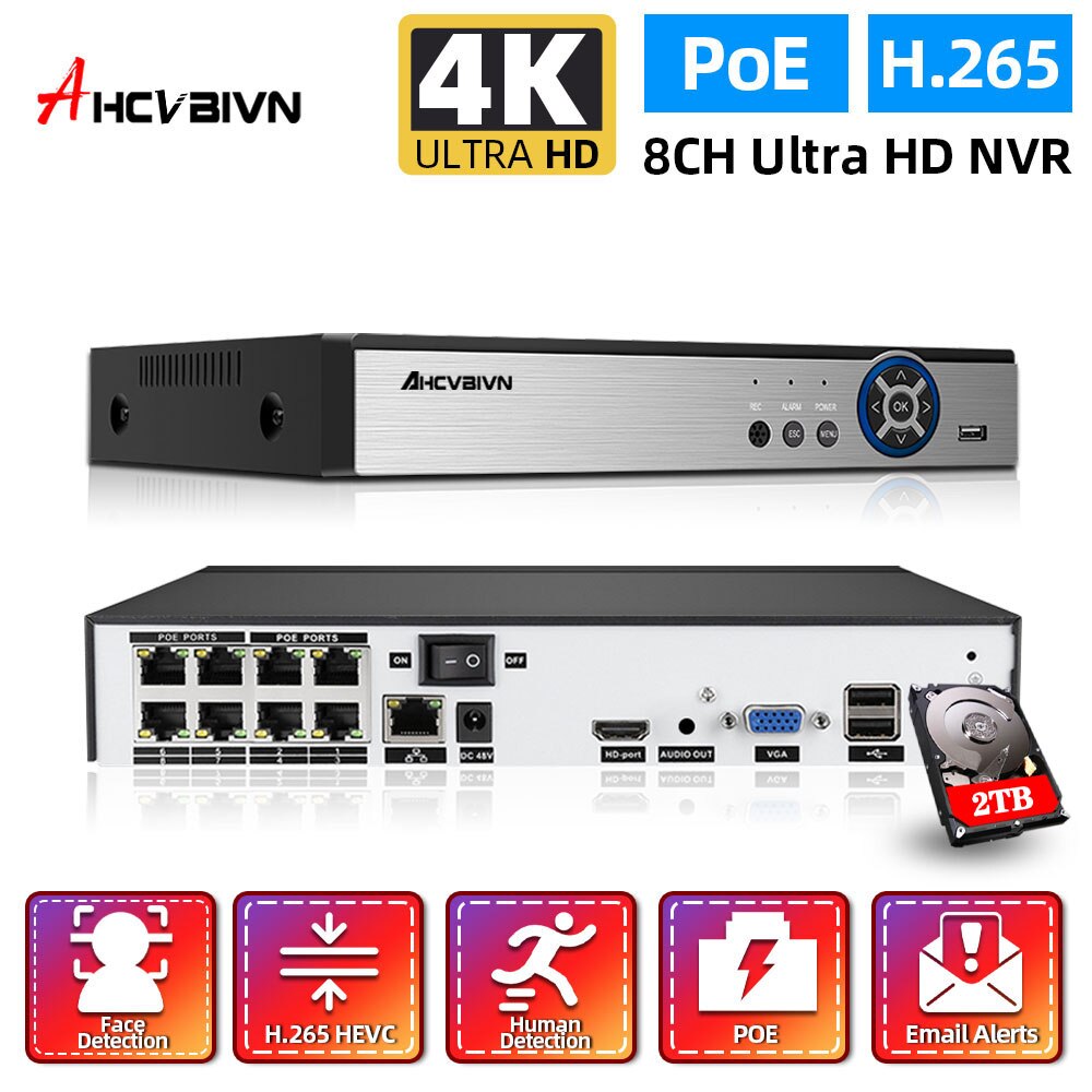 8ch 4K NVR 얼굴 인식 8MP 주 야간 투시경 네트워크 비디오 레코더 24/7 녹화 IP 카메라 HD 8CH 알람 P2P POE NVR 시스템